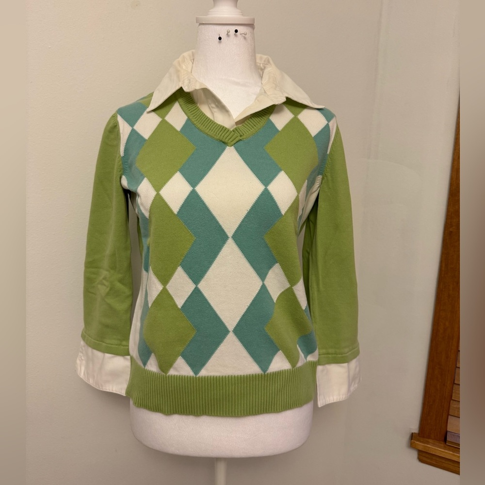 Van Heusen Green and Teal Argyle V-Neck Sweater